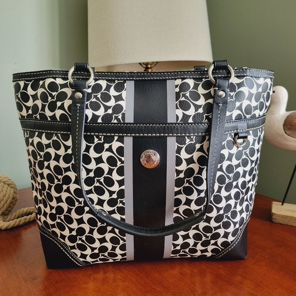 Coach F15137 Chelsea Heritage Stripe Signature Black White Coated Canvas Tote - Picture 2 of 14